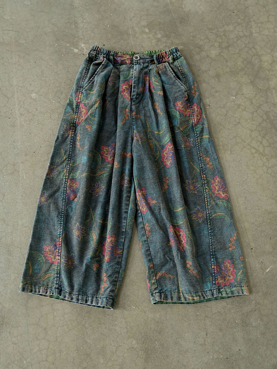 Winter Retro Flower Denim Spliced Wide-leg Pants Qm014