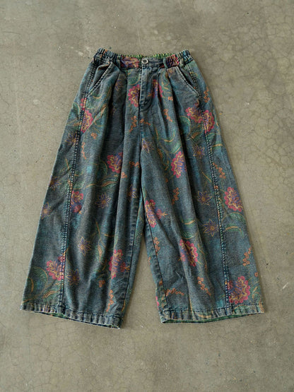 Winter Retro Flower Denim Spliced Wide-leg Pants Qm014