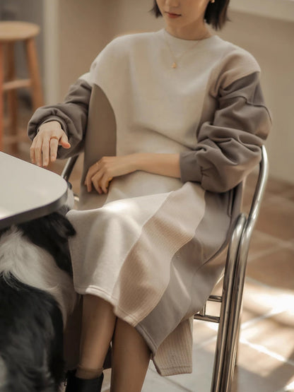 Winter Artsy Colorblock Loose Knit Sweater Dress Qm016