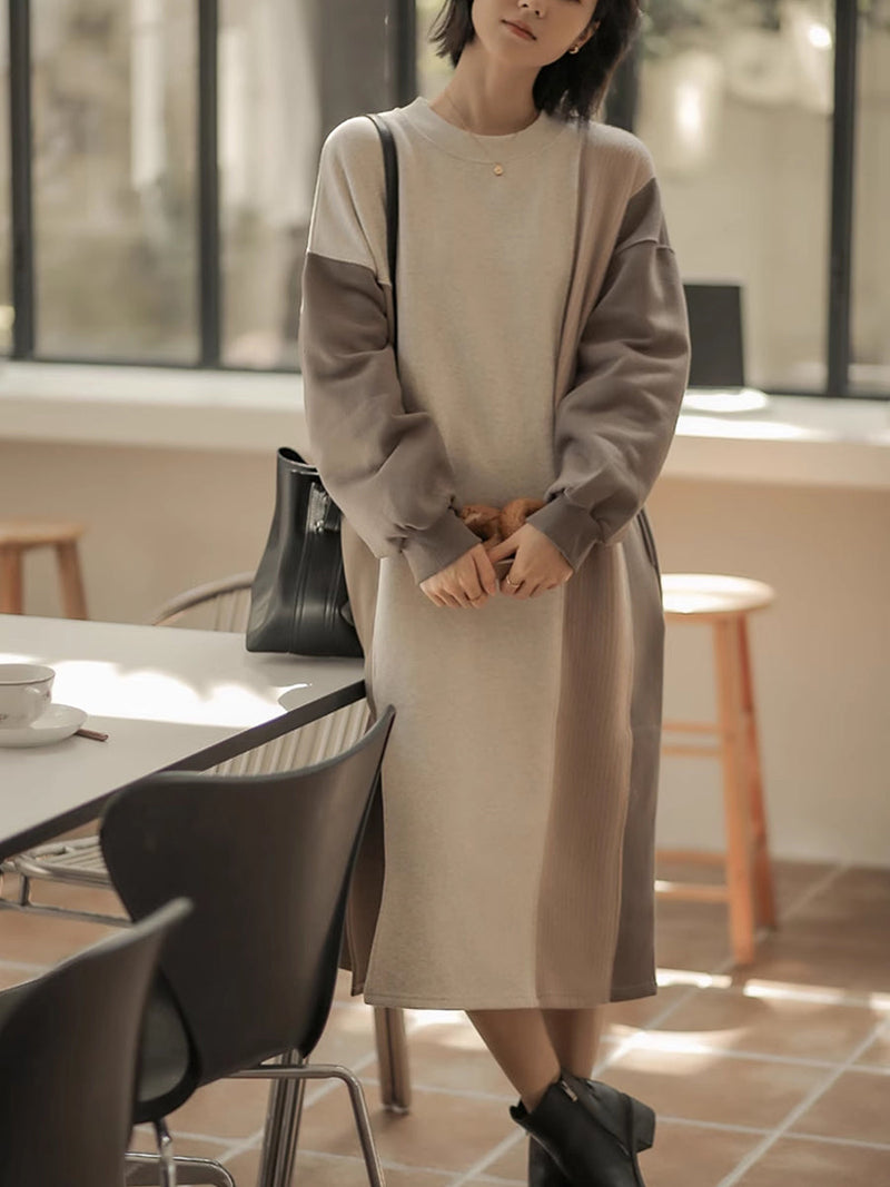 Winter Artsy Colorblock Loose Knit Sweater Dress Qm016