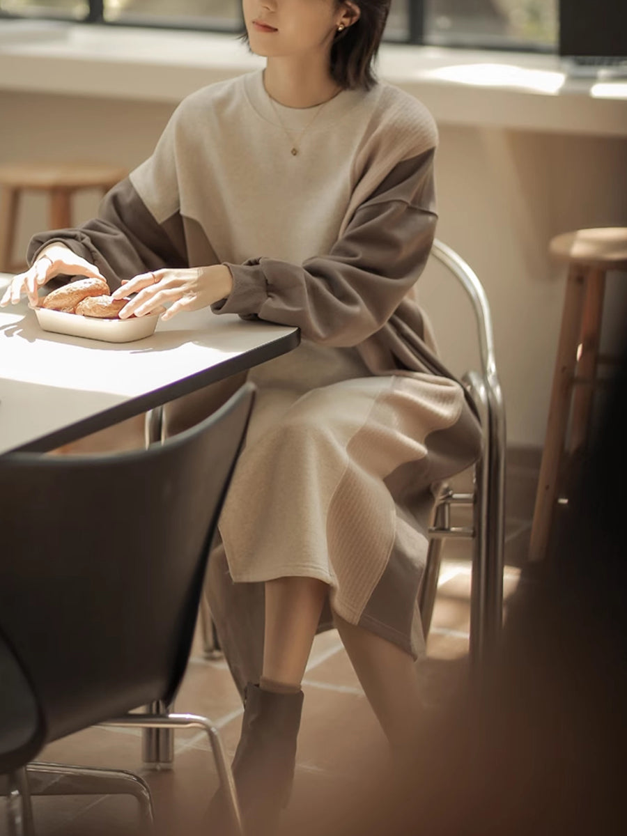 Winter Artsy Colorblock Loose Knit Sweater Dress Qm016