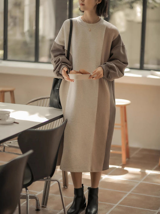 Winter Artsy Colorblock Loose Knit Sweater Dress Qm016