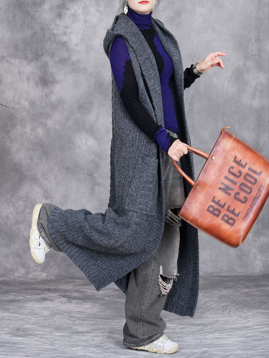 Autumn Artsy Knit Cardigan Hooded Vest Coat Qm008