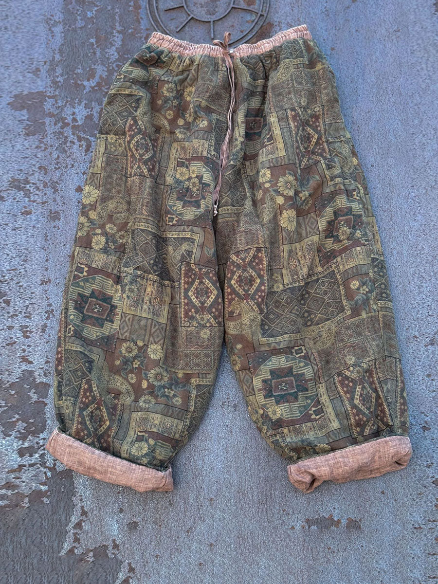 Winter Retro Flower Cotton Linen Wide-leg Pants Qm002