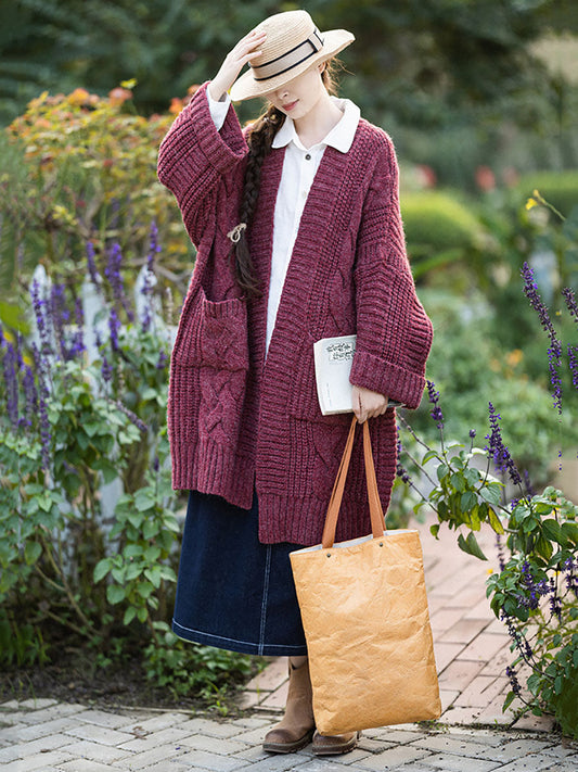 Autumn Artsy V-neck Cable Knit Coat Qm007