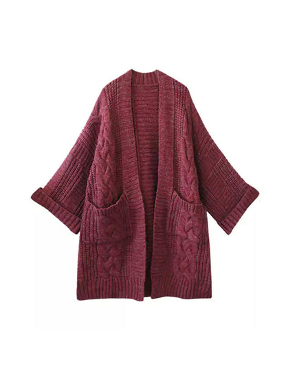 Autumn Artsy V-neck Cable Knit Coat Qm007