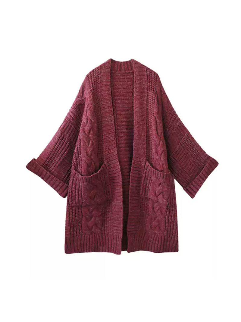 Autumn Artsy V-neck Cable Knit Coat Qm007