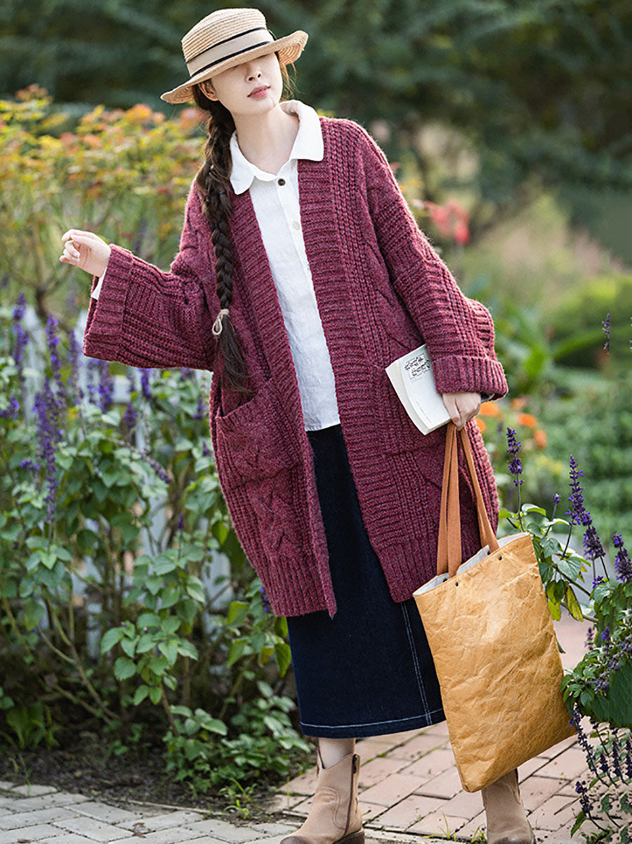 Autumn Artsy V-neck Cable Knit Coat Qm007