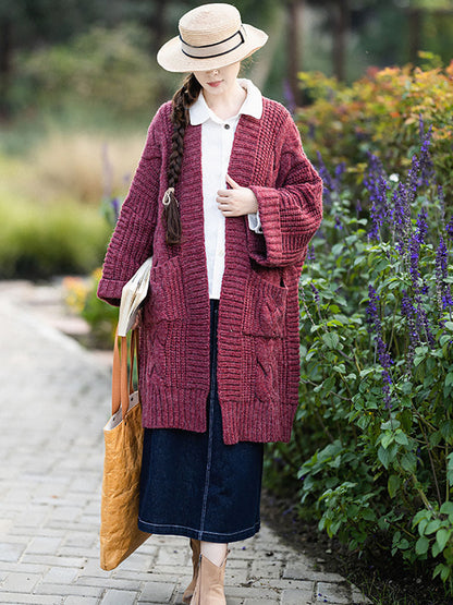 Autumn Artsy V-neck Cable Knit Coat Qm007