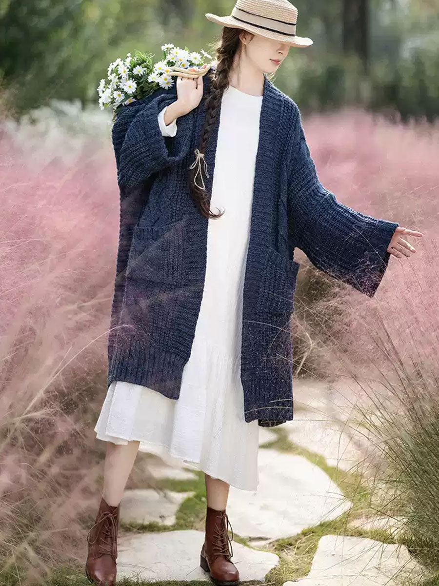 Autumn Artsy V-neck Cable Knit Coat Qm007