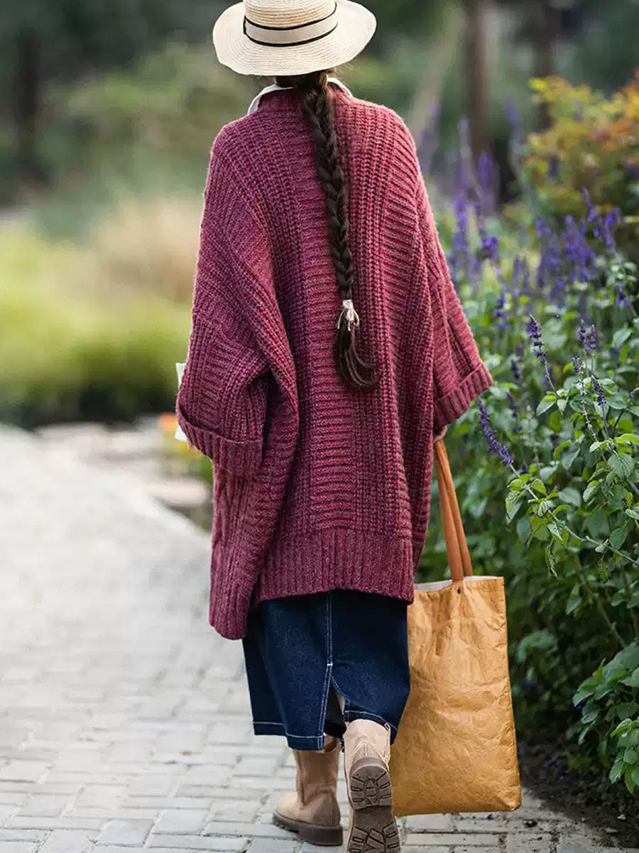 Autumn Artsy V-neck Cable Knit Coat Qm007