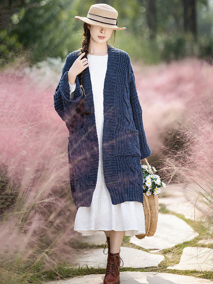 Autumn Artsy V-neck Cable Knit Coat Qm007