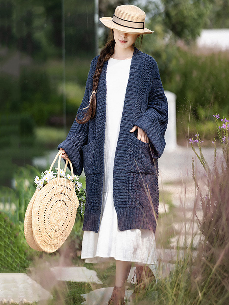 Autumn Artsy V-neck Cable Knit Coat Qm007