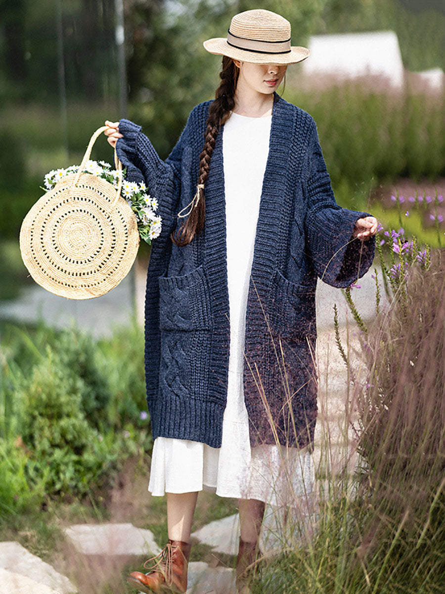 Autumn Artsy V-neck Cable Knit Coat Qm007