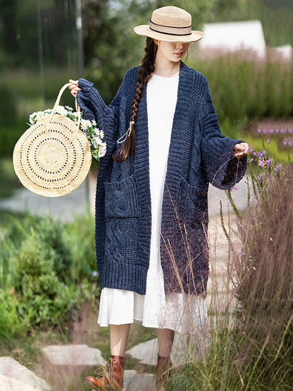 Autumn Artsy V-neck Cable Knit Coat Qm007