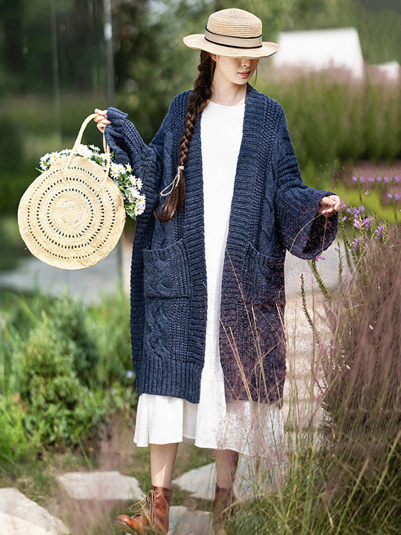 Autumn Artsy V-neck Cable Knit Coat Qm007