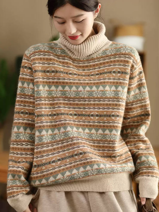 Autumn Knit Turtleneck Stripe Sweater Coat Wu012