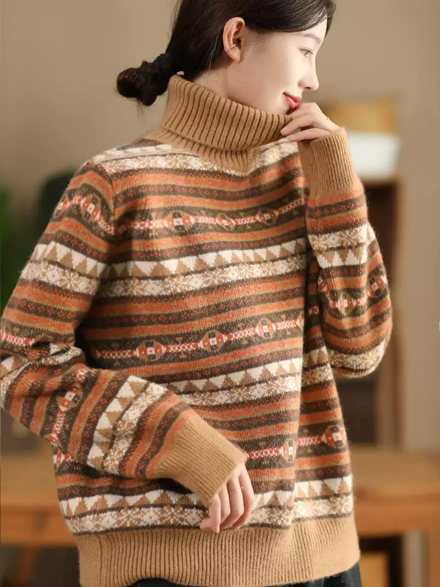 Autumn Knit Turtleneck Stripe Sweater Coat Wu012