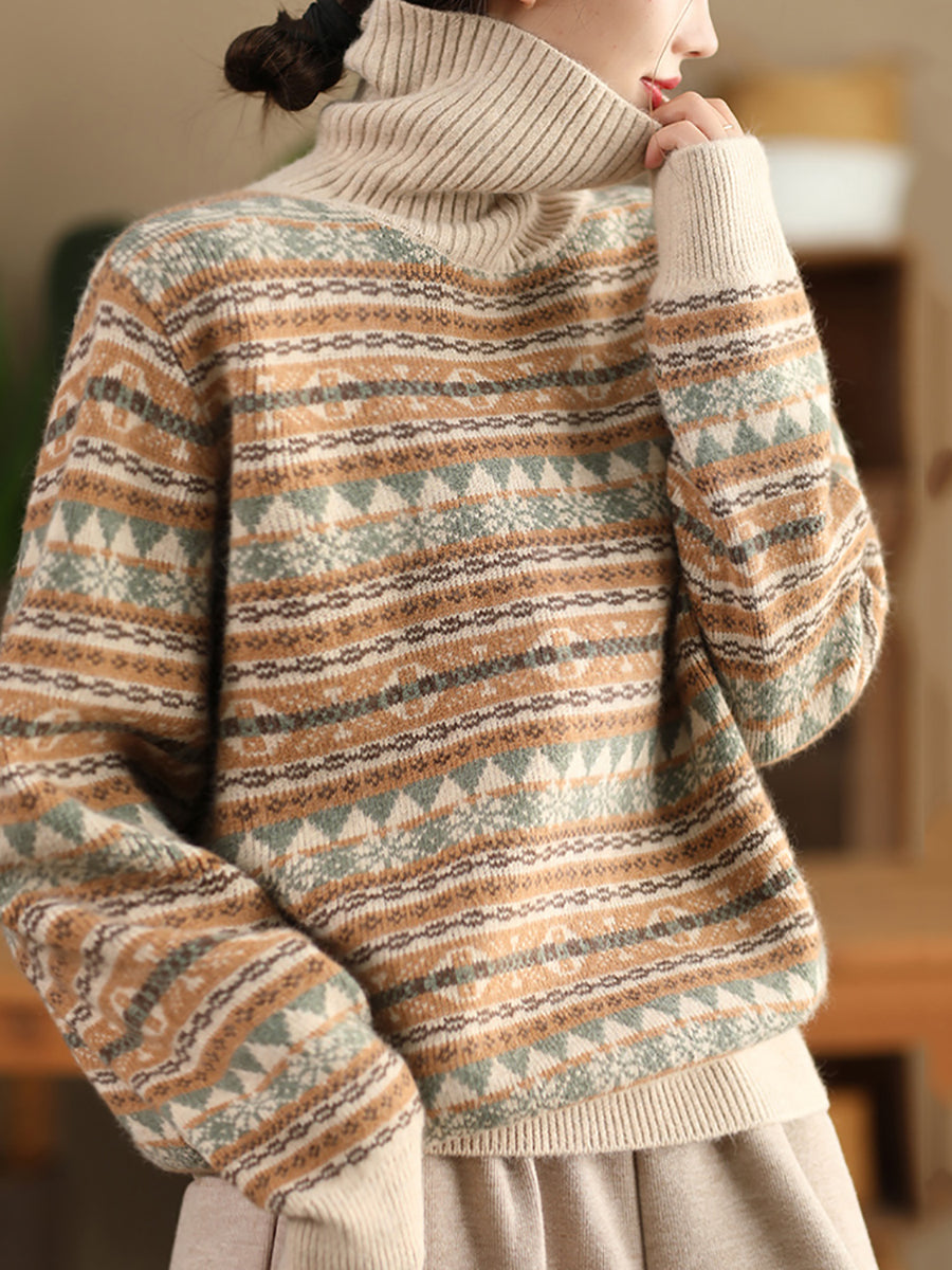 Autumn Knit Turtleneck Stripe Sweater Coat Wu012