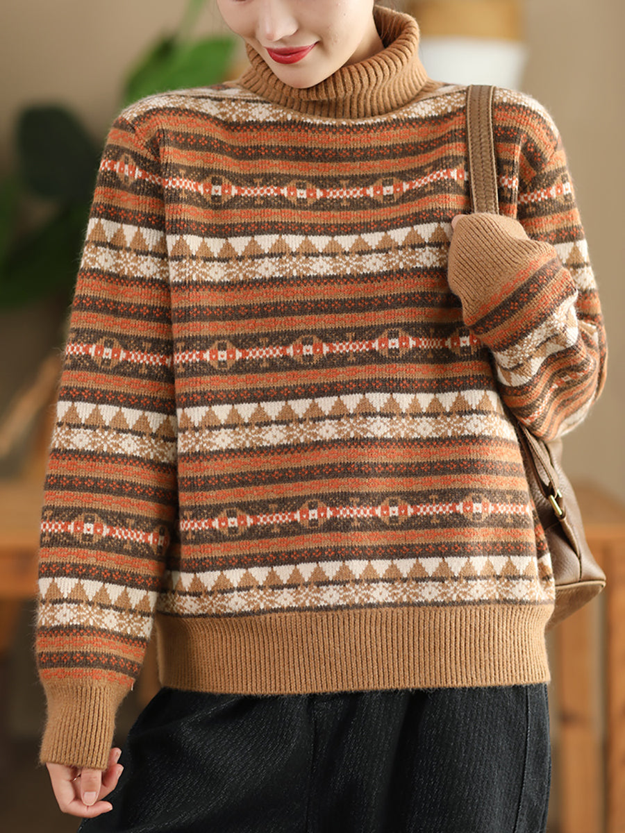 Autumn Knit Turtleneck Stripe Sweater Coat Wu012