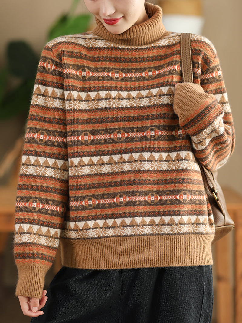 Autumn Knit Turtleneck Stripe Sweater Coat Wu012