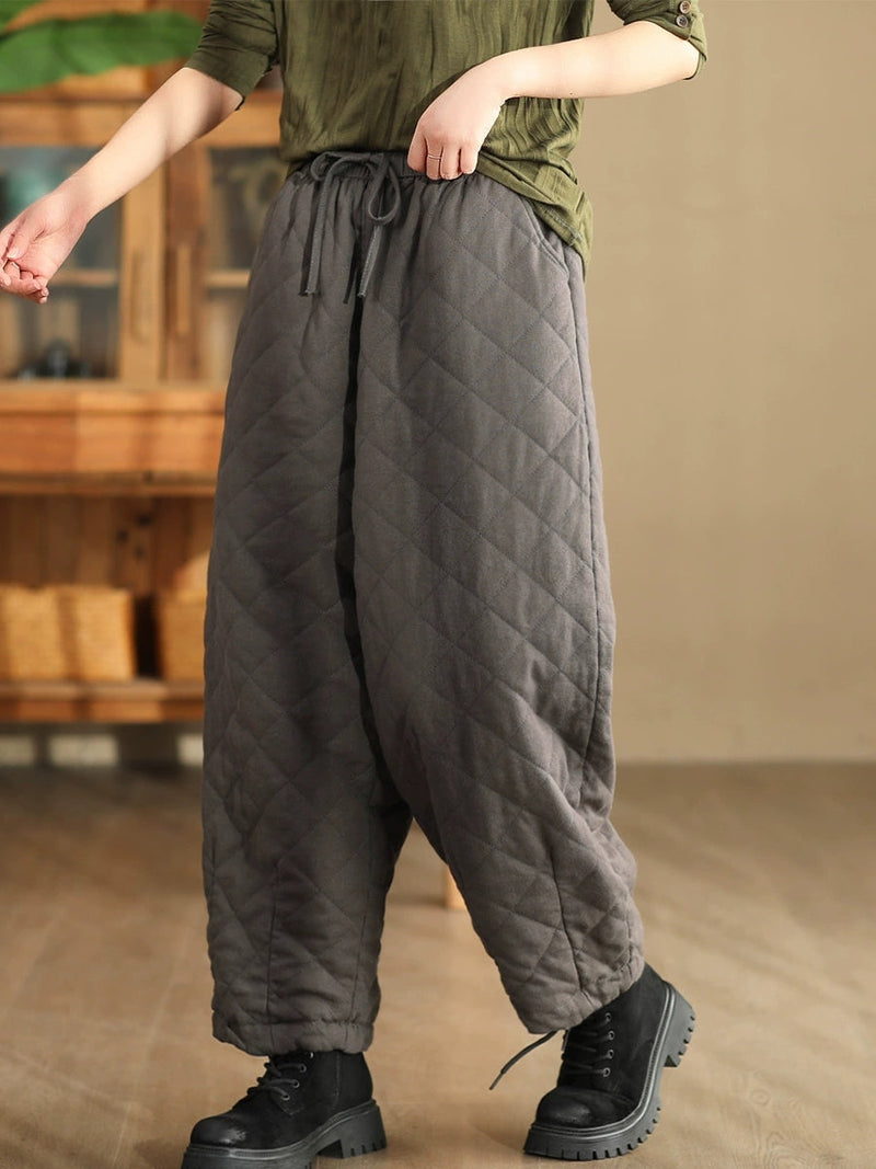 Winter Retro Rhomboid Padded Linen Harem Pants Wu025