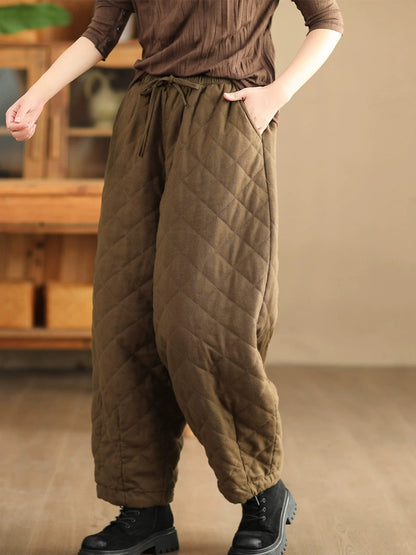 Winter Retro Rhomboid Padded Linen Harem Pants Wu025