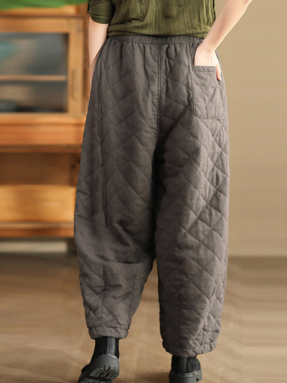 Winter Retro Rhomboid Padded Linen Harem Pants Wu025