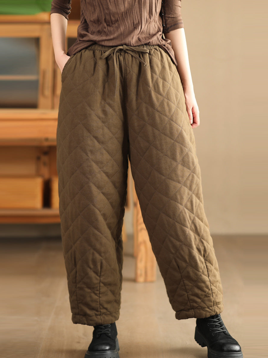 Winter Retro Rhomboid Padded Linen Harem Pants Wu025