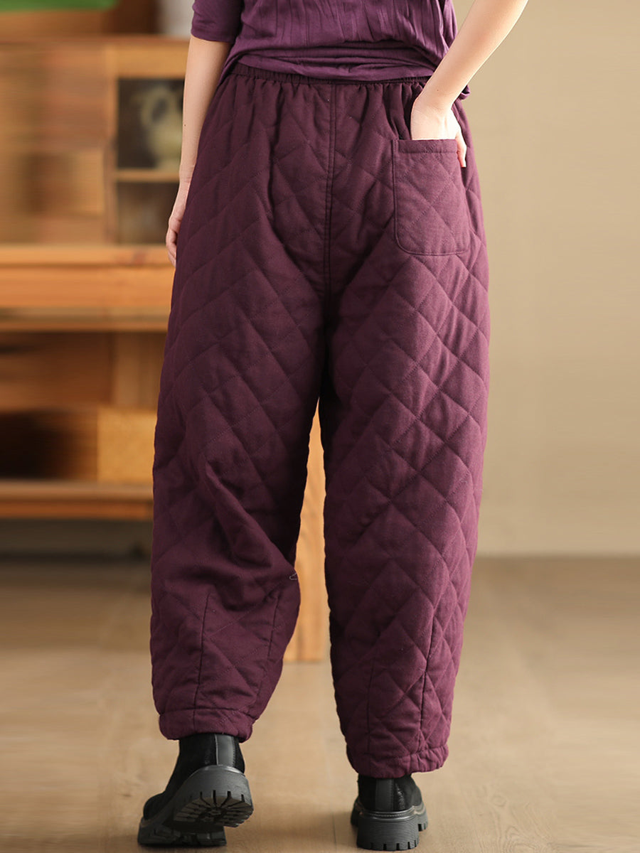 Winter Retro Rhomboid Padded Linen Harem Pants Wu025