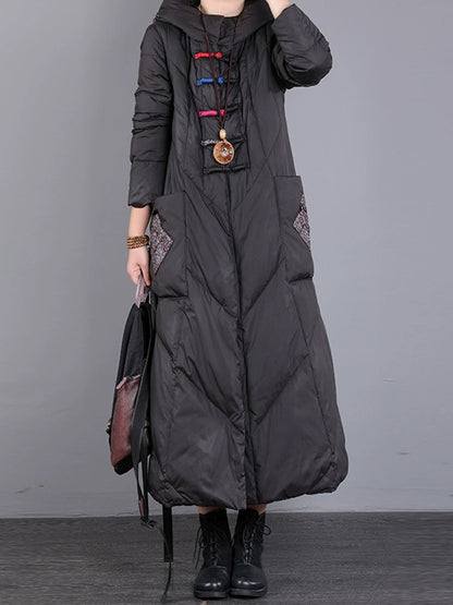 Winter Patch Hooded Long Down Coat Wu028