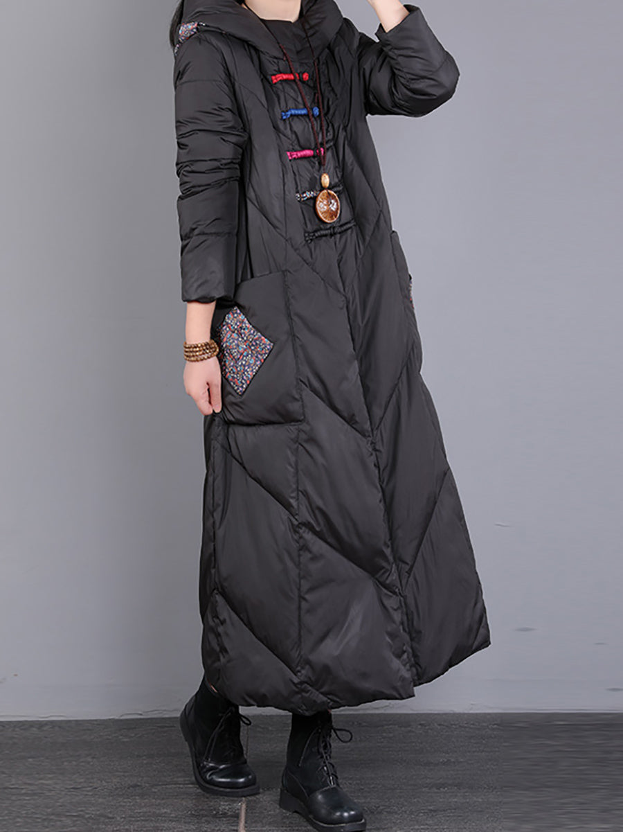 Winter Patch Hooded Long Down Coat Wu028