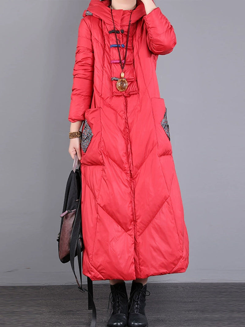 Winter Patch Hooded Long Down Coat Wu028