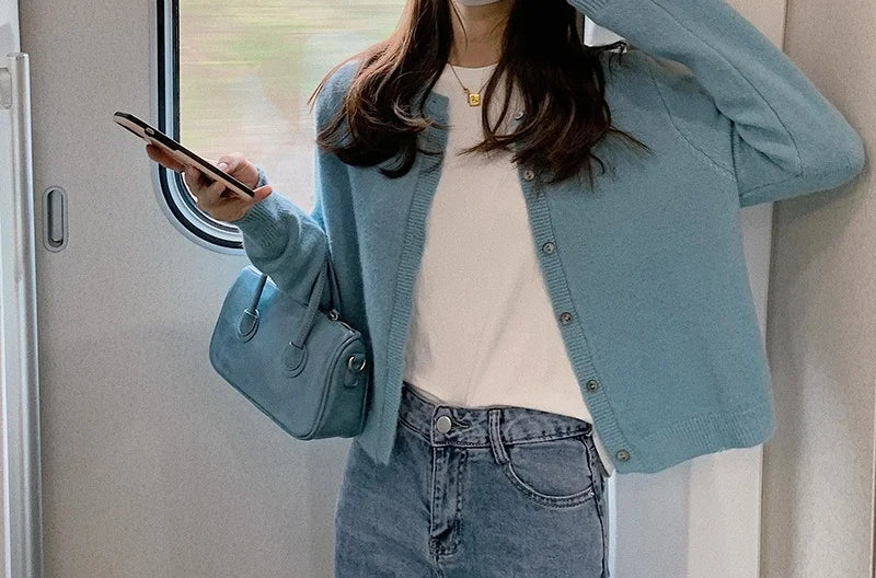 Single Knitted Long Pink Crop Knitted Cardigan Sweater
