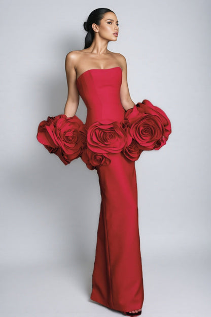 Huxen Red Backless Plunge 3d Maxi Dress