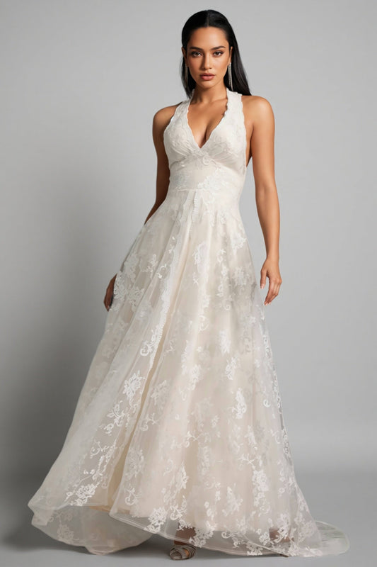 Albine Halter Sleeveless V-neck Lace Maxi Dress