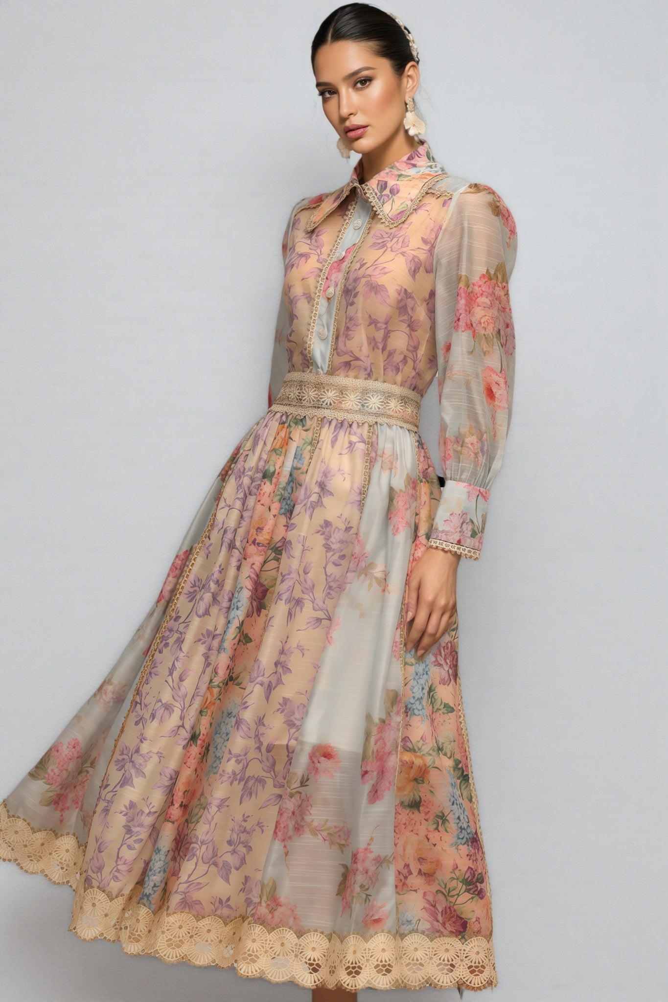 Judy Long Sleeve Printed Lace Two-piece Set