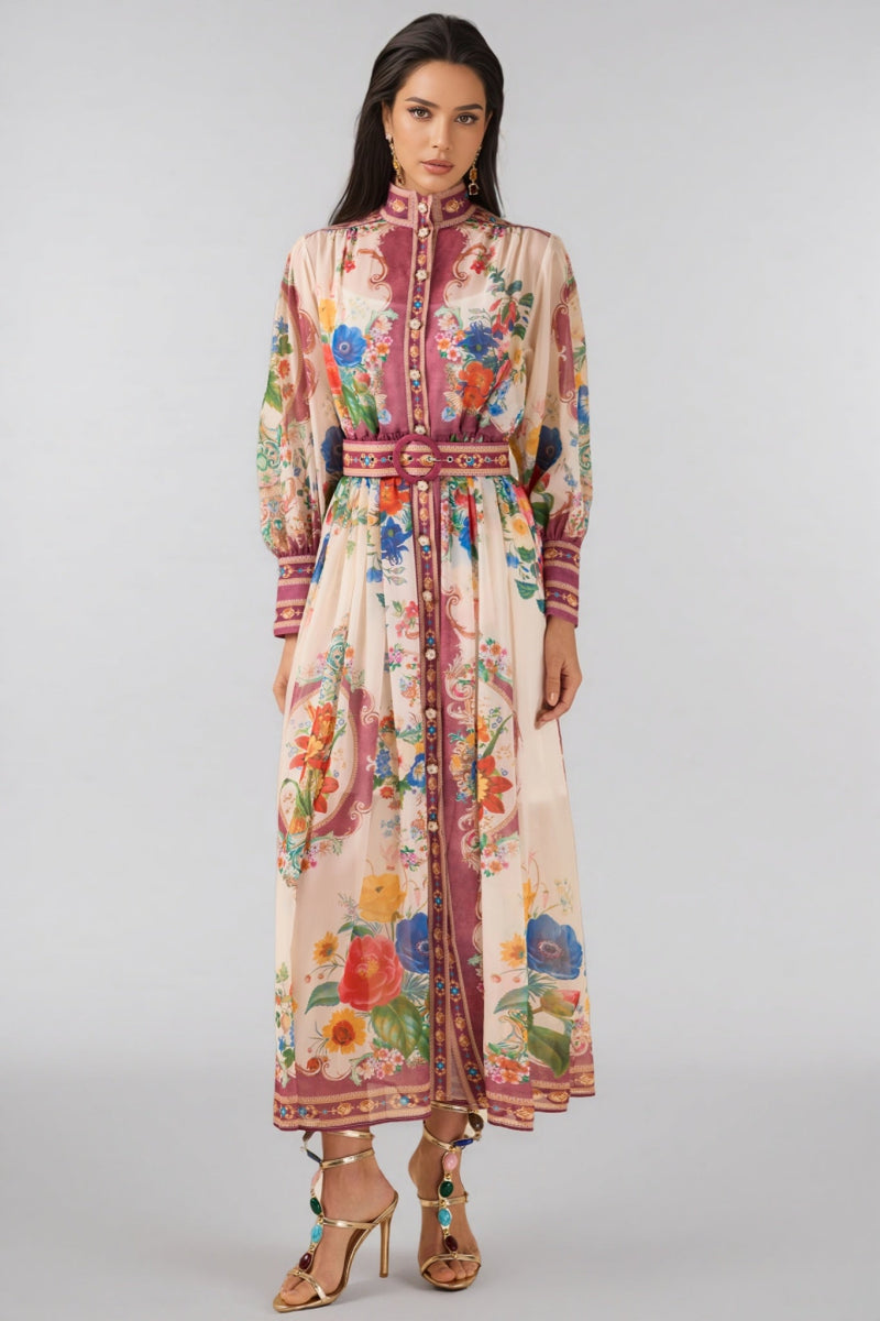 Nichob Stand Collar Lantern Sleeve Midi Dress