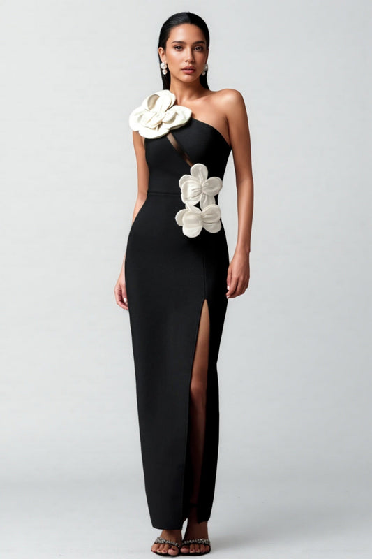 Caldlt Flowers High Slit One Shoulder Bandage Maxi Dress