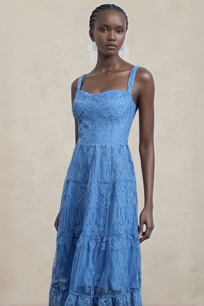 Neona Blue Lace Embroidered Maxi Dress