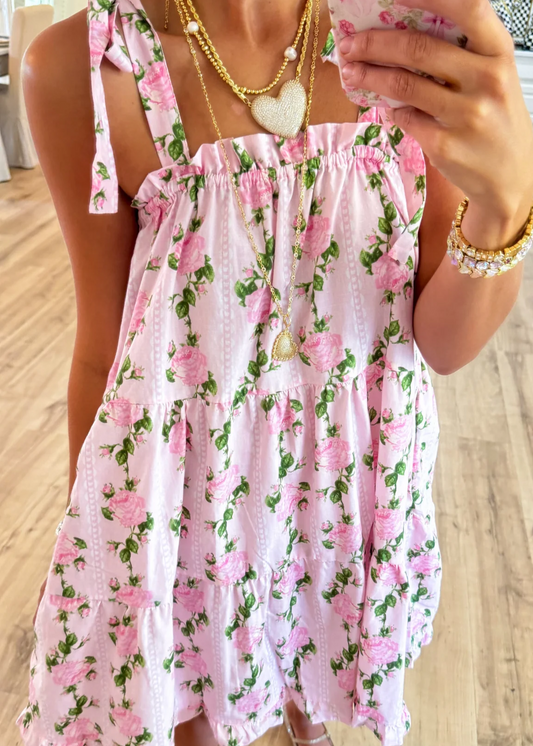 Pink Rose Shoulder Tie Mini Dress