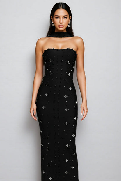 Nyralk Sleeveless Pearl Bandage Maxi Dress