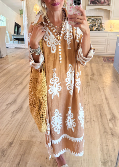 Mocha Abstract Print Midi Dress
