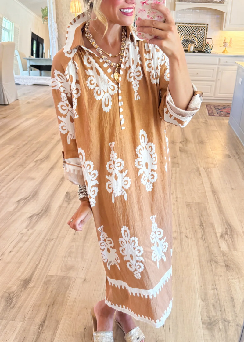 Mocha Abstract Print Midi Dress