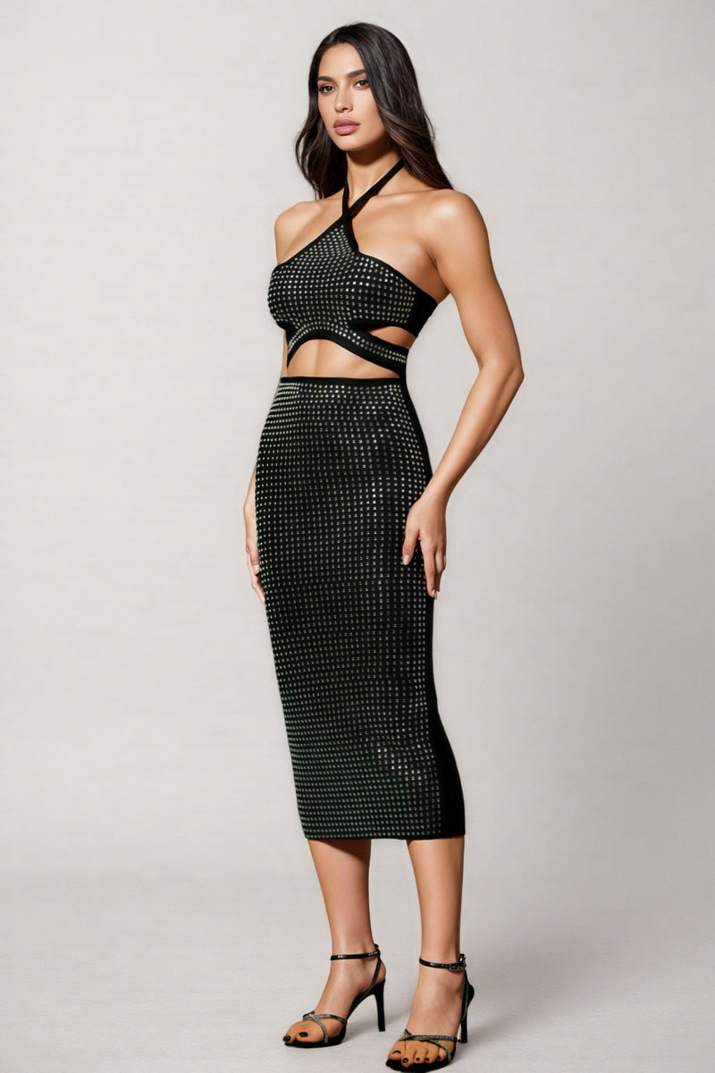 Joraty Diamond Hollow Out Bandage Midi Dress