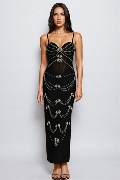 Geyren Sleeveless Diamond V-neck Bandage Maxi Dress