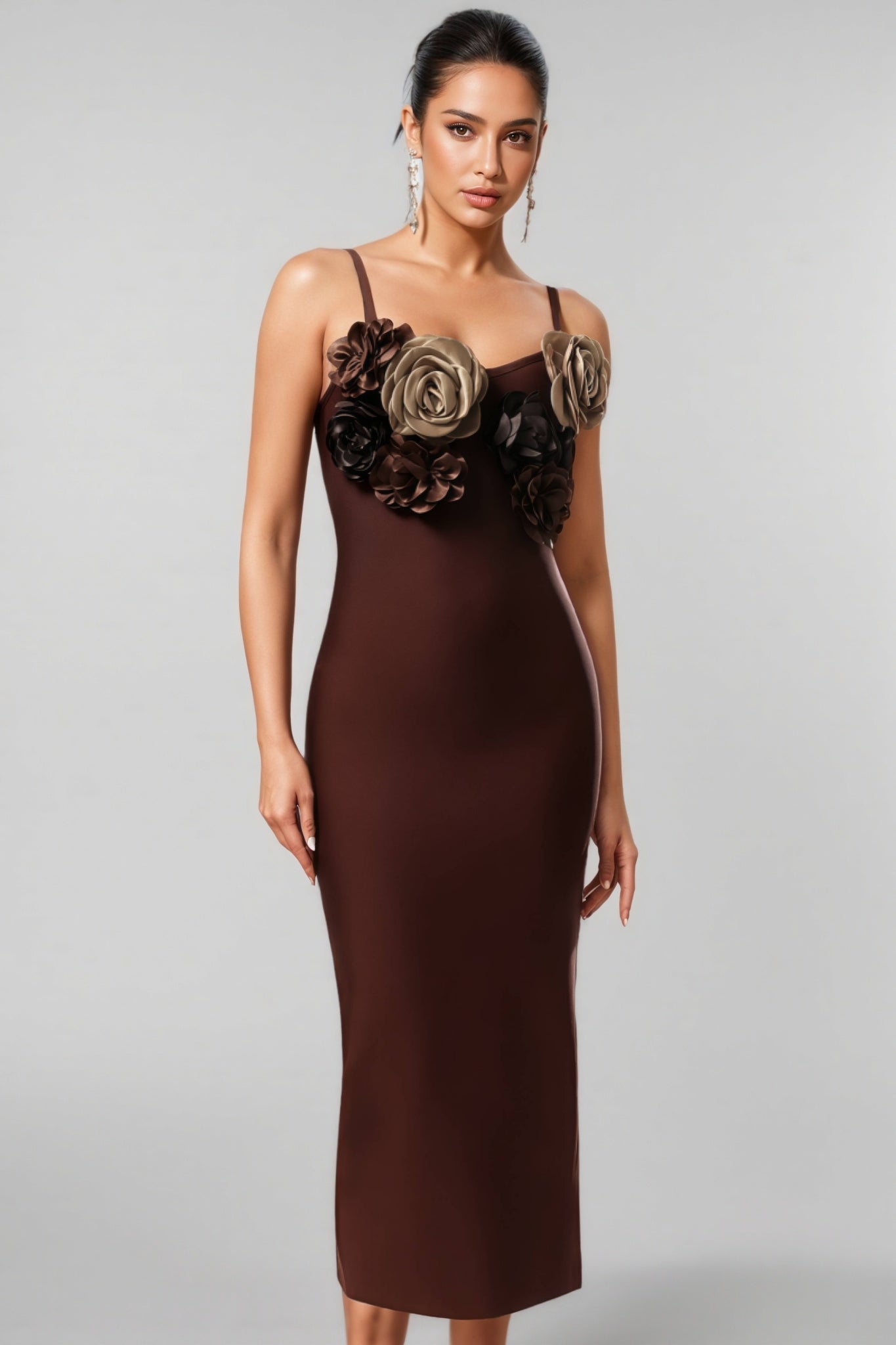 Edyta V-neck Flower Bandage Midi Dress