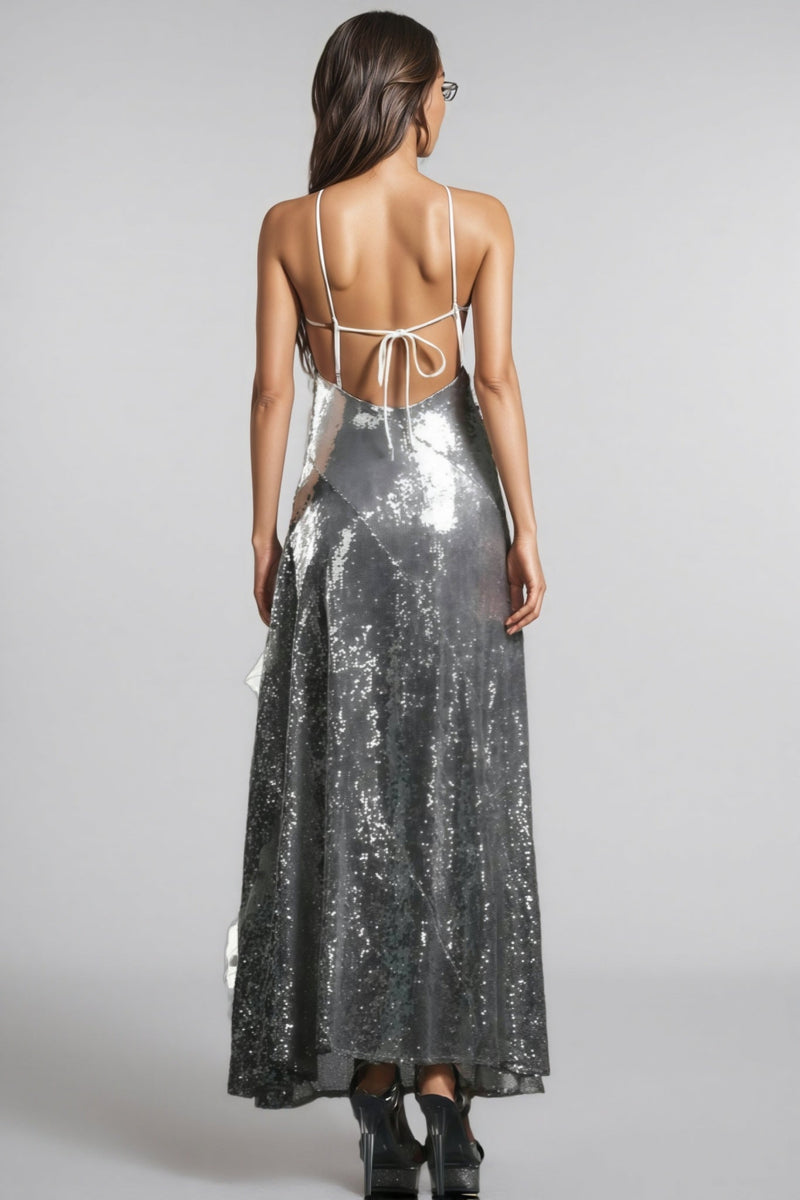 Coler Halter Sequins Ruffled Maxi Dress