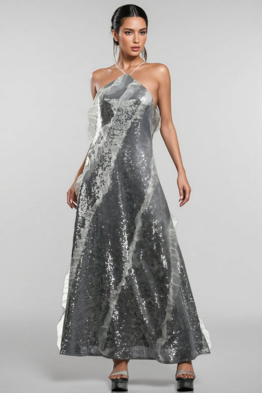Coler Halter Sequins Ruffled Maxi Dress