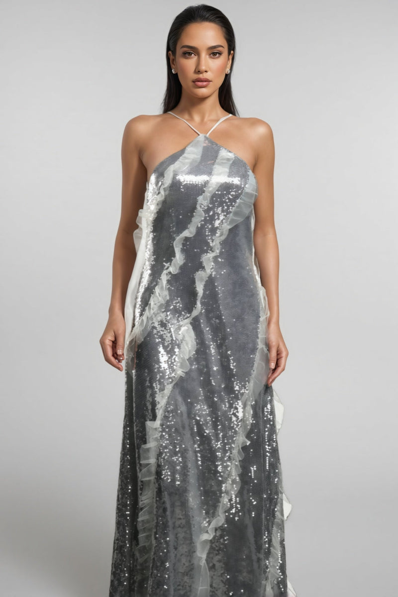 Coler Halter Sequins Ruffled Maxi Dress
